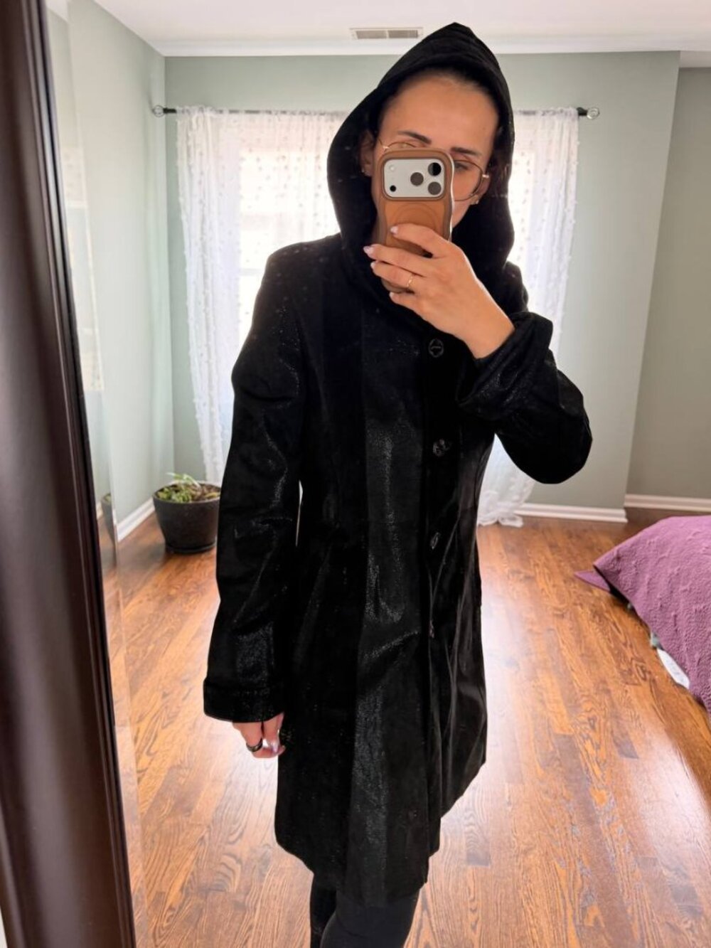 KIRCILAR Black Suede Hooded Mid-Length Coat